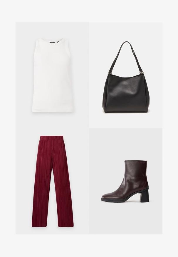 Biely rebrovaný top bez rukávov s okrúhlym výstrihom. Hladká textúra a priliehavý strih, ideálny na vrstvenie.; Bordové plisované nohavice s voľným strihom a elastickým pásom. Textúrovaná tkanina má vertikálne pruhy. Rovno strihané na okrajoch.; Tmavohnedé kožené členkové topánky s blokovým podpätkom a okrúhlou špičkou, vystavené na jednoduchom svetlošedom pozadí.; Čierna syntetická kožená kabelka s jemnou textúrou, tvarom hobo a dvojitými ramennými popruhmi; obsahuje lesklý povrch a minimalistický dizajn.
