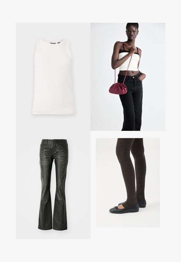 Hvid ribbet tanktop med rund hals og ærmeløs design. Glat tekstur og tætsiddende silhuet, ideel til lag-på-lag brug.; Sorte faux læder flared jeans med forlommer, en metalknaplukning og en let tekstureret overflade. Ret ben med en lang skæring.; Sorte flade sko med en lille sløjfedetalje ved tåen, parret med mørkebrune ribbede strømpebukser. Skoene har en glat overflade og lav profil.; Bordeaux blødt stof håndtaske med en sammenpresset design og en lang rem, båret som crossbody. Modellen bærer en hvid cropped top og sorte jeans.