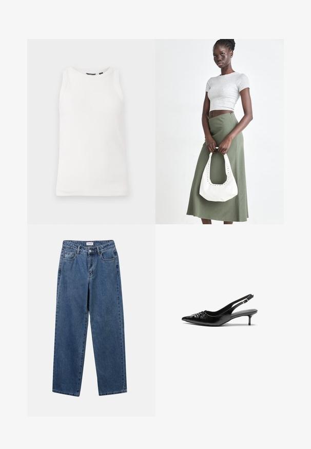 White ribbed tank top, featuring a round neck and sleeveless design. Smooth texture and fitted silhouette, ideal for layering.; Classic blue denim jeans with a straight-leg design, five pockets, and a button closure. Features a medium wash and sturdy texture.; Black leather slingback heels with a pointed toe, small kitten heel, and a decorative knot detail on the front. Smooth texture throughout.; Gray ribbed crop top and olive green high-waisted skirt. Model holds a white shoulder bag with cut-out detailing. Simple design, fitted silhouette.