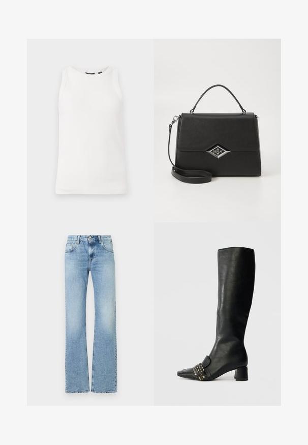 Camisola de alças branca com acabamento canelado, apresentando um decote redondo e design sem mangas. Textura suave e silhueta ajustada, ideal para sobreposições.; Jeans de ganga de cintura alta em azul claro com ligeira descoloração, fecho à frente com botão e zipper, e design de cinco bolsos, ajuste de perna reta.; Bota de couro preta até ao joelho com bico fino, detalhe de fivela quadrada e pinos decorativos; possui um salto baixo em bloco.; Bolsa de mão sintética preta com um design estruturado, alça superior, alça de ombro destacável e logotipo prateado em forma de diamante na parte da frente.