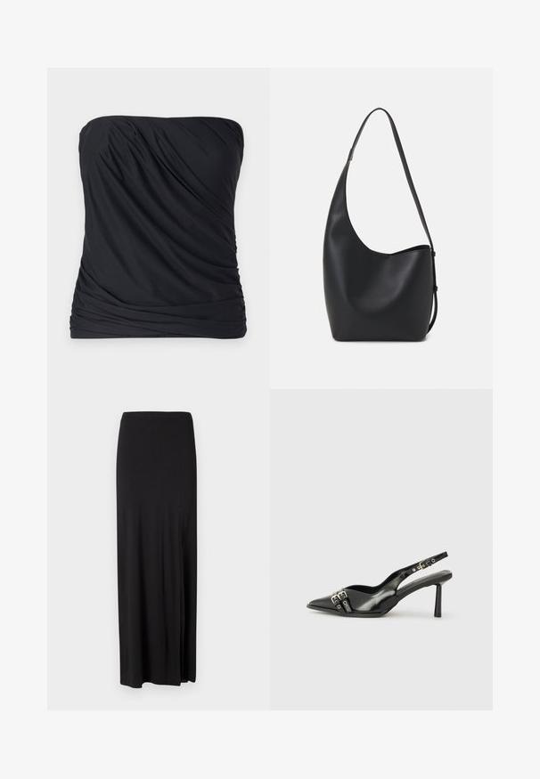 Juodas be petnešų topas, pagamintas iš lygaus, lengvo audinio su drapiruota tekstūra ir surinktomis šoninėmis dalimis. Paprastas, minimalistinis dizainas, be raštų.; Juoda maksi sijonas, pagamintas iš minkštos, elastingos medžiagos. Jame yra šoninė iškirptė ir paprastas, šiuolaikiškas dizainas be puošmenų.; Juodas lakuotas odinis batelis su smailiu pirštu, kulkšnies dirželiais su sidabrinėmis sagtimis ir detalėmis, bei plonu kulnu.; Juodas odinis hobo maišas su lygiu paviršiumi, kreipta forma ir viena reguliuojama rankena; turi platų atidarymą viršuje.