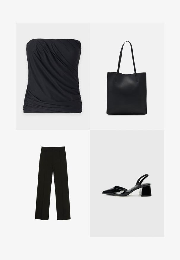 Czarny top bez ramiączek z gładkiego, lekkiego materiału o drapowanym wykończeniu i marszczonych bokach. Prosty, minimalistyczny design bez wzorów.; Czarne spodnie szerokie na nogawkach wykonane z gładkiego materiału, z dopasowanym paskiem w talii i subtelnymi fałdami z przodu, które dodają tekstury.; Czarne lakierowane półbuty na obcasie z wydłużonym noskiem i geometrycznym słupkiem. Charakteryzują się eleganckim, minimalistycznym designem oraz gładką fakturą.; Czarna skórzana torba tote o gładkiej fakturze, prostokątnym kształcie i dwóch długich uchwytach. Brak widocznych elementów metalowych i ozdób.