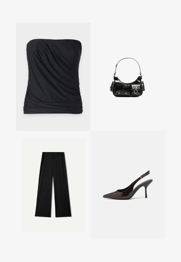 Črna brez naramnic bluza iz gladkega, lahkega materiala z drapiranim teksturo in nabrano stranjo. Preprost, minimalističen dizajn brez vzorcev.; Bershka WIDE - Hlače - black; Slingback visoke pete v sijajni temno rjavi lak koži, koničastim nosom, odprtimi stranmi in nastavljivim gležnjenčkim trakom.; Črna lakasta usnjena torbica s ukrivljeno obliko, enim ramenskim trakom, sprednjimi žepi in srebrnimi kovinskimi dodatki.