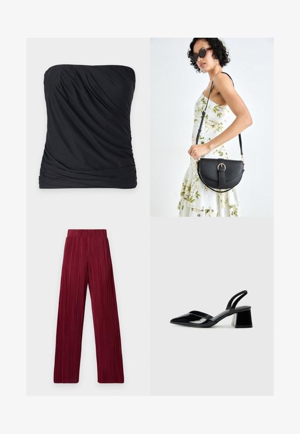 Czarny top bez ramiączek z gładkiego, lekkiego materiału o drapowanym wykończeniu i marszczonych bokach. Prosty, minimalistyczny design bez wzorów.; Bordowe, plisowane spodnie z szerokimi nogawkami i elastycznym pasem. Teksturowana tkanina z pionowymi paskami. Prosty krój do wykończenia.; Czarne lakierowane półbuty na obcasie z wydłużonym noskiem i geometrycznym słupkiem. Charakteryzują się eleganckim, minimalistycznym designem oraz gładką fakturą.; Czarna skórzana torebka o zakrzywionym kształcie, z odpinanym paskiem i złotymi akcentami. Torebka posiada klapę z zapięciem w kształcie klamry.
