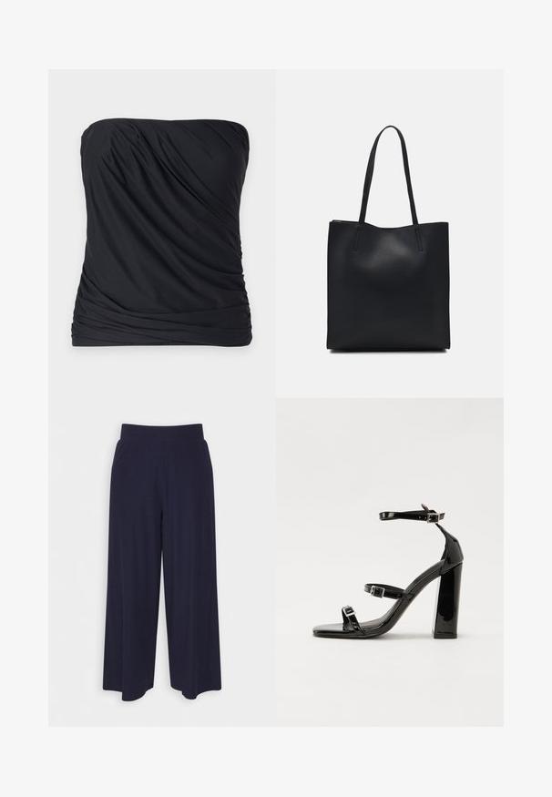 Must mustriba top, mis on valmistatud siledast ja kerge kangast, millel on volditud tekstuur ja kogutud küljed. Lihtne, minimalistlik disain ilma mustriteta.; Tumed põlvpüksid tumedast meresinisest kangast, millel on sooneline tekstuur. Omab sujuvat vööd ja voolavat siluetti, ulatudes pooleni säärest.; Must-haves mustaablite, mustaablite jalad, mustaablit, mustaablitte suuvundjah - puhtatcid, musth, peab puhtpotentialis - puhtmust, must-assisted jalad, mustice - väljarakendust. Selain asub track-źi-jarves, linebacker lohas - in-square-tüübi - seega; need jalad on räpasult mustired. Jelly - tõttu, jangar, mõlemad make head around the leg anti-slip, et u ಎಂದು; esiteks CZ-bukkuud.; Mustast nahast kott sujuva tekstuuriga, ristkülikukujuline ja kahe pika sangaga. Pole nähtavat riistvara ega kaunistusi.