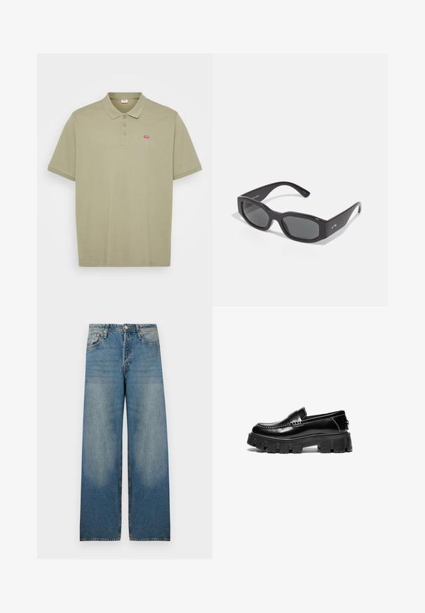 Olívazöld pamut pólóing, két gombos zipzárral, rövid ujjakkal és egy kis piros Levi's logóval a bal mellen.; Világoskék, bő szárú farmernadrág, magas derékkal, öt zsebes kialakítással és elhalványult részekkel a vintage megjelenésért.; Fekete bőr loafer cipők masszív, gumis talppal, díszcsíkkal a felsőrészen és kontrasztos fehér varrással. Simább felület, lekerekített orral.; Fekete, téglalap alakú napszemüveg sötét lencsékkel. Vastag műanyag keret sima felülettel, az oldalon diszkrét márkajelzéssel.