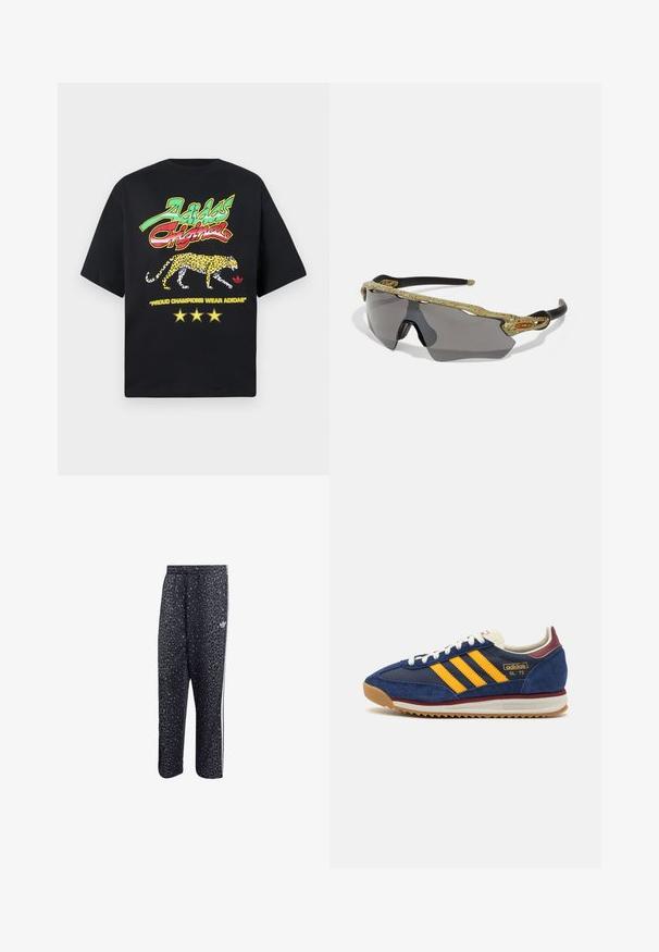 Μαύρη βαμβακερή μπλούζα με γραφικό λεοπάρδαλης, πολύχρωμο κείμενο "Adidas Originals" και το σύνθημα "Proud Champions Wear Adidas" από κάτω.; Μαύρο αθλητικό παντελόνι με σχέδιο λεοπάρ, με λευκή τριπλή ρίγα και λογότυπο αθλητικής μάρκας στο πλάι.; Ναυτικά σουέτ sneakers με κίτρινες ρίγες, λευκή κορδέλα και μπορντό λεπτομέρειες. Υφασμάτινη σόλα με αυλάκια για πρόσφυση. Λογότυπο της μάρκας στο πλάι.; Αθλητικά γυαλιά ηλίου με πράσινο κα patterned, μαύρους βραχίονες και γκρι φακούς. Ο σχεδιασμός διαθέτει περιτυλιγμένο στυλ με τολμηρή, αθλητική μορφή.