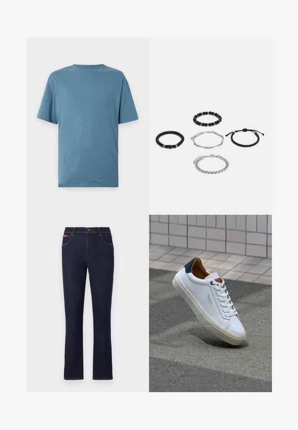 Light blue short-sleeve t-shirt made of soft fabric. Features a crew neck and a relaxed fit with no patterns or embellishments.; Dark blue denim jeans with a straight leg cut, featuring orange stitching, five pockets, and a button closure at the waist.; White leather sneaker with a navy heel, round toe, and contrasting brown accents. Features flat laces and textured rubber sole.; Five bracelets: two black bead bracelets, one textured black cord, one silver chain, and one braided black cord with adjustable closure.