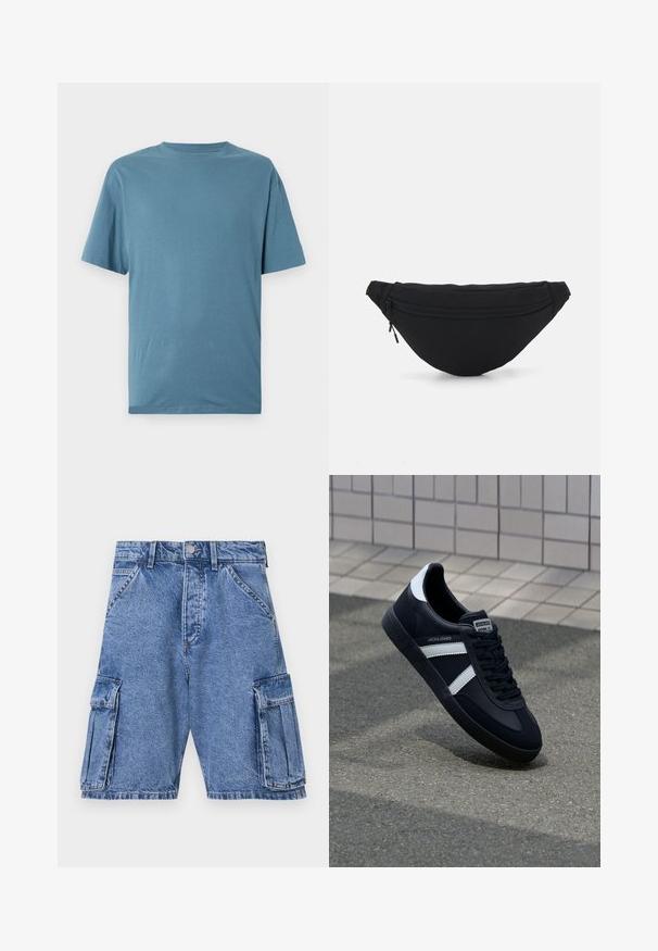 Lichtblauw T-shirt met korte mouwen van zachte stof. Heeft een ronde hals en een comfortabele pasvorm zonder patronen of versieringen.; Blauwe denim cargoshorts met een hoge taille, meerdere cargozakken aan de zijkanten en een klassieke vijf-pocket stijl. Stonewashed textuur.; Zwarte leren sneaker met witte strepen, een gestructureerde rubberen zool en vetersluiting aan de voorkant. Voorzien van een merklabel op de tong.; Zwarte stof heuptas met een afgeronde vorm, voorzak met rits en een gladde textuur. Geen zichtbare patronen of accenten. Lichtgewicht ontwerp.
