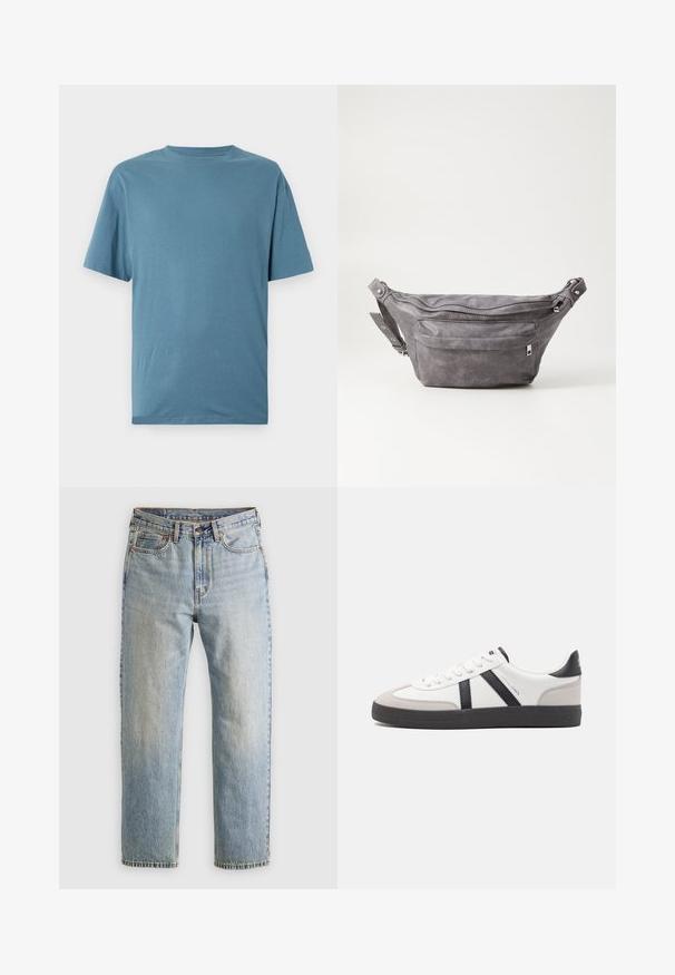 Lysblå kortærmet t-shirt lavet af blødt stof. Har en rund halsudskæring og en afslappet pasform uden mønstre eller dekorationer.; Lysblå denim jeans med høj talje, frontknap, lynlås og fem-lomme design, lagt fladt på en neutral baggrund.; Hvide sneakers med sorte og grå detaljer, med en tekstureret grå tåhætte, sort gummisål og flade hvide snørebånd. Rent design, minimalistisk stil.; Grå suedefanny pack med en rund form, to lynlåslommer og justerbart strop. Har metalhardware detaljer.