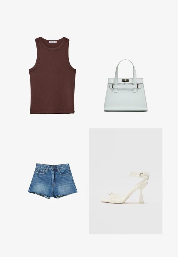 Brun ärmlös linne med rund hals. Tillverkad av mjukt bomullsmaterial, har den diskreta sömmar och en figurnära design. Inga mönster eller accenter.; Jeansshorts i mellanblått med fransad fåll, som har fem fickor, bälteshällor och detaljer i kopparfärgade knappar och nitar.; Remmar högklackad sandal i vitt läder med en elegant design, en genomskinlig blockklack och en dekorativ detalj vid tån.; Ljusblå handväska med strukturerad design, två handtag och ett clasps i silverfärgad metall. Texturerat material och skarpa hörn.