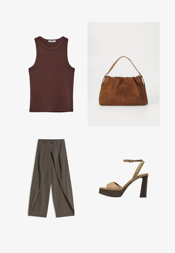 Brun ærmeløs tanktop med rund hals. Lavet af blødt bomuldsmateriale, den har diskret syning og en tætsiddende pasform. Ingen mønstre eller detaljer.; Vide bukser lavet af et struktureret, mørkegråt stof. Har en frontfald, knaplukning og sidelommer for praktisk anvendelse.; Beige ruskinds højhælede sandaler med en bred foranrem og ankelrem, der har en kraftig træblokhæls struktur.; Brun ruskind handbag med en samlet design, der har en enkelt tan læderstrop og en subtil guld logo detalje på fronten.