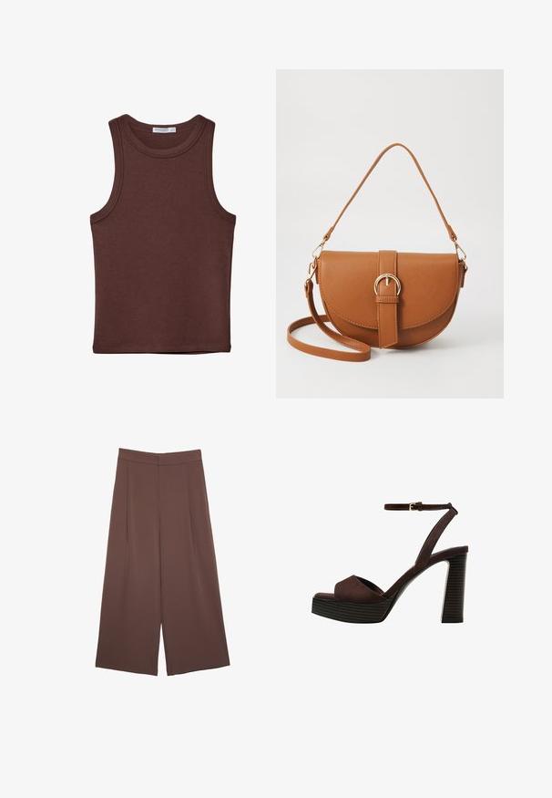 Brun ærmeløs tanktop med rund hals. Lavet af blødt bomuldsmateriale, den har diskret syning og en tætsiddende pasform. Ingen mønstre eller detaljer.; Brune bredbunde bukser med en glat tekstur, der har høj talje og plisseringer foran. Stoffet er let og falder løst.; Brune ruskinds højhælede sandal med åben tå, justerbar ankelrem og en stribet plade sål.; Brun læder crossbody taske med en buet form, guldfarvet hardware og en spændeaccent. Har en aftagelig skulderrem.