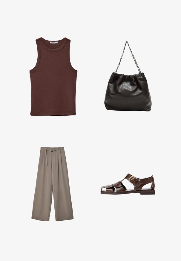Rjava brezrokavnica s krojenim izrezom. Narejena iz mehke bombažne tkanine, ima diskretne šive in prilegajoč dizajn. Brez vzorcev ali dodatkov.; Široke hlače iz mehke, umirjene sive tkanine, z pasom, ki ga je mogoče zavezati, in z gubami za dodatne oblikovne podrobnosti. Gladka tekstura, brez vzorcev.; Rjave usnjene sandale z izrezljanim dizajnom, nastavljivim stranskim sponko in ravnim podplatom, dekorirane z kovinskimi detajli in odprtim prstom.; Rjava usnjena torba z nabranim vrhom in verižnim trakom. Gladka tekstura z sijajno površino in subtilnimi šivi na straneh.
