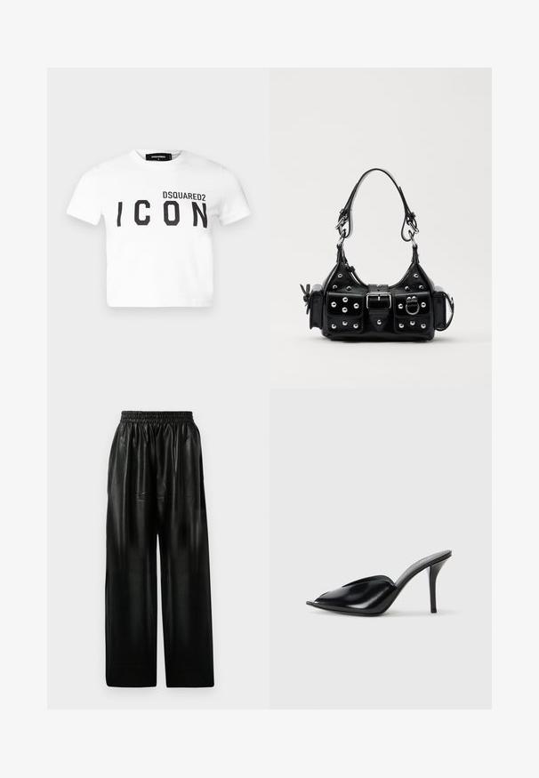 DSQUARED2 ICON BE ICON ICON TEE - T-Shirt print - white; Schwarze Leder-Hosen mit weitem Bein und elastischem Bund, ausgestattet mit zwei Seiten Taschen und einer glatten, glänzenden Oberfläche.; Schwarze Leder-High-Heels mit offener Zehenpartie, spitzem Design, glatter Textur und schmalem Stiletto-Absatz.; Schwarze Lederhandtasche mit einem geschwungenen Design, verziert mit silbernen Nieten, einer Schnalle und zwei seitlichen Taschen. Verstellbarer Träger für verschiedene Tragemöglichkeiten.