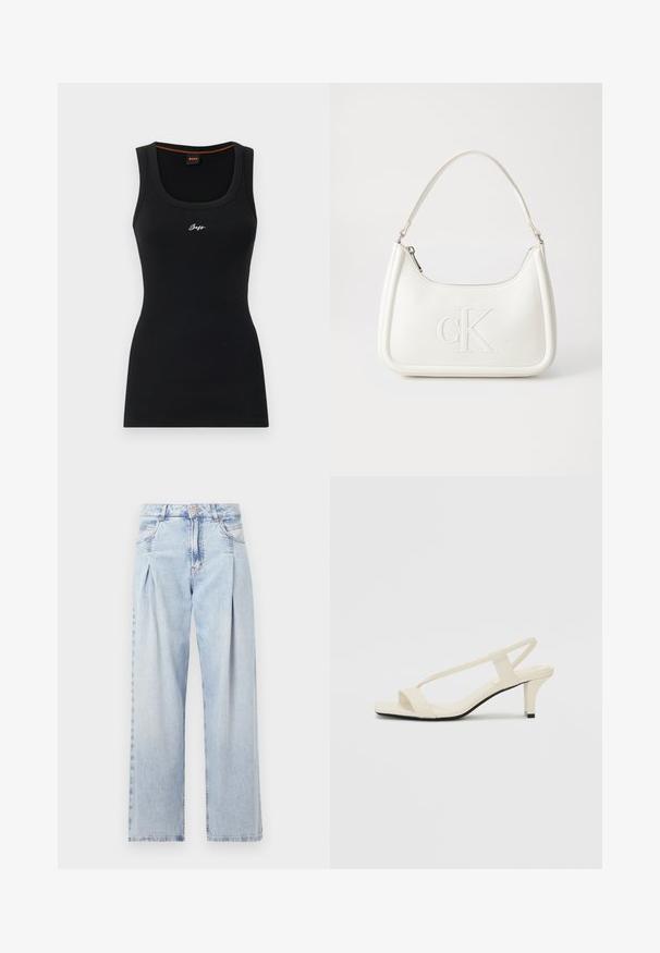 Črni rebrasti top s zaobljenim izrezom. Ima majhen bel logotip "Boss" spredaj in kontrastni oranžni poudarek znotraj ovratnika.; Svjetloplave traperice visoko struka, širokog kroja, s dva bočna djepa i naboranim dizajnom. Mekana tekstura s izblijedjelim završetkom.; Bež sandale z blok peto, tankimi trakovi in kvadratnim prstom. Gladek material z minimalnim okrasjem, zasnovan za enostavno nošenje.; Bela usnjena torbica s ukrivljeno obliko, ki na sprednji strani nosi vžgano logo "CK" in ima eno naramnico. Zadrga za zapiranje na vrhu.