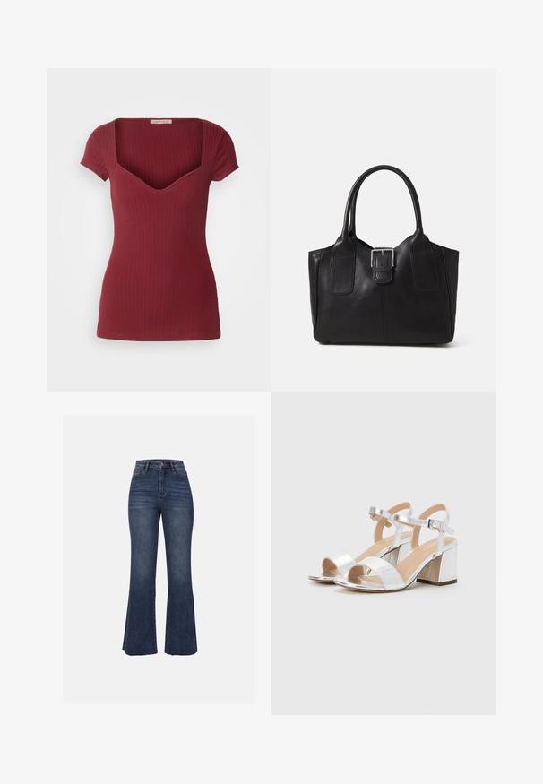 Top burdeos acanalado con un diseño ajustado, mangas cortas y un escote en V profundo. Fabricado en una tela suave, con una textura lisa.; Anna Field Vaqueros a campana - blue wash; Sandalias plateadas de tacón alto y punta abierta, con dos correas anchas y un tacón de bloque redondeado. Textura suave con acabado metálico.; Bolso tote de cuero negro con textura suave, forma estructurada, dos asas y un prominente detalle de hebilla plateada en la parte frontal.; Pendientes de gota de plata con un arete cuadrado, presentando un acabado suave y pulido en forma de lágrima, que refleja la luz con una superficie brillante.