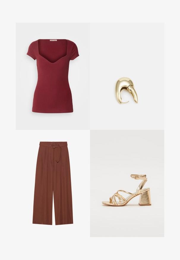 Ribbed burgundy top with a fitted design, short sleeves, and a deep V-neck. Made from soft fabric, featuring a smooth texture.; Wide-leg trousers in brown fabric, featuring a belt with a square buckle, pleated design, and smooth texture.; Gold metallic heeled sandals featuring a strappy design, square block heel, and adjustable ankle strap with a buckle. Smooth texture.; Gold-tone metal earring with a sleek, curved design. Features a distinctive pointed shape, polished surface, and hinge closure.