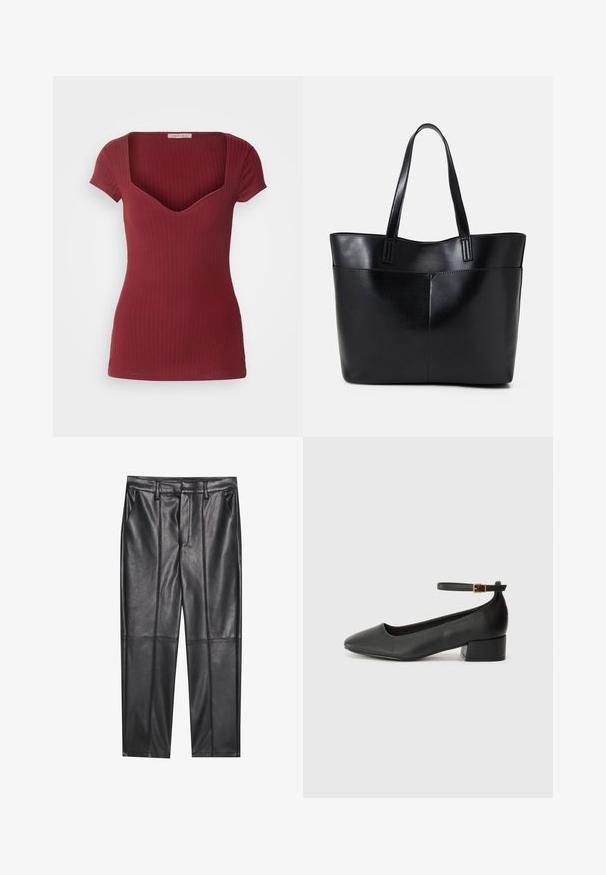 Burgundy ribbetopp med ett figurnära snitt, korta ärmar och en djup V-ringning. Tillverkad av mjukt material som har en slät textur.; Musta nahkahousut, joissa on sileä pinta, suora leikkaus, kaksi etutaskua ja näkyvät saumat.; Mustat nahkakengät, joissa on terävä kärki ja matala lohkare korko. Varustettu nilkkahihnalla, jossa on kultasävyinen solki. Lisää sileä pinta.; Musta nahkainen kassi, jossa on kaksi pitkää kahvaa, sileä pinta ja jämäkkä muoto. Sisältää etutaskun lisävarastointia varten.