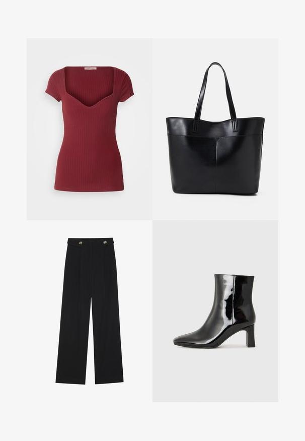 Ribbed burgundy top with a fitted design, short sleeves, and a deep V-neck. Made from soft fabric, featuring a smooth texture.; Black wide-leg trousers with high waist, button details on waistband, and front pleats.; Black patent leather ankle boot with a pointed toe and a mid-height block heel. Smooth texture and minimalist design.; Black leather tote bag with two long handles, a smooth texture, and a structured shape. Features a front pocket for additional storage.