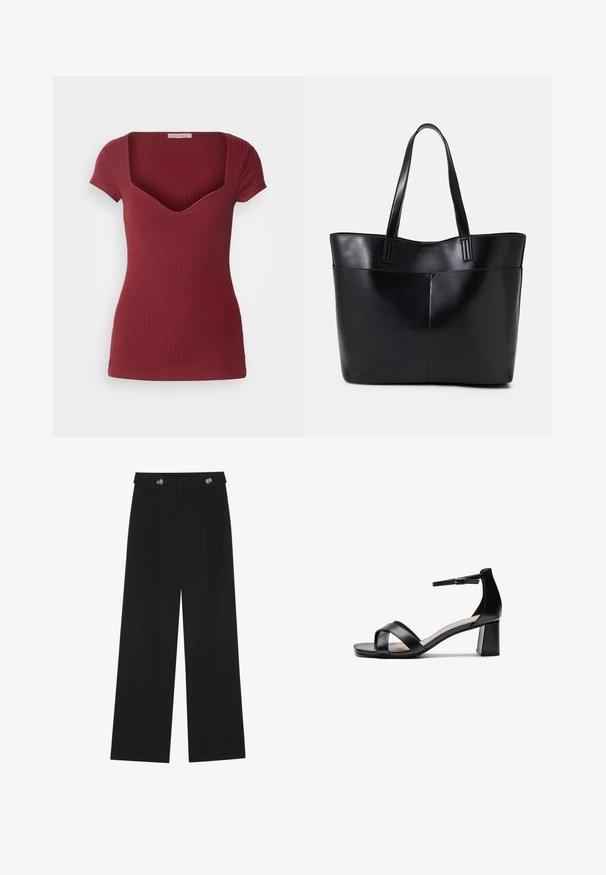 Top bordeaux a coste con design aderente, maniche corte e scollo a V profondo. Realizzato in tessuto morbido, presenta una superficie liscia.; Pantaloni neri a gamba larga con vita alta, dettagli con bottoni in vita e pieghe frontali.; Sandalo con tacco aperto nero, con cinturini incrociati, fibbia regolabile alla caviglia e tacco spesso, con una texture in pelle liscia.; Borsa a tracolla in pelle nera con due manici lunghi, una texture liscia e una forma strutturata. Presenta una tasca frontale per ulteriore spazio di archiviazione.