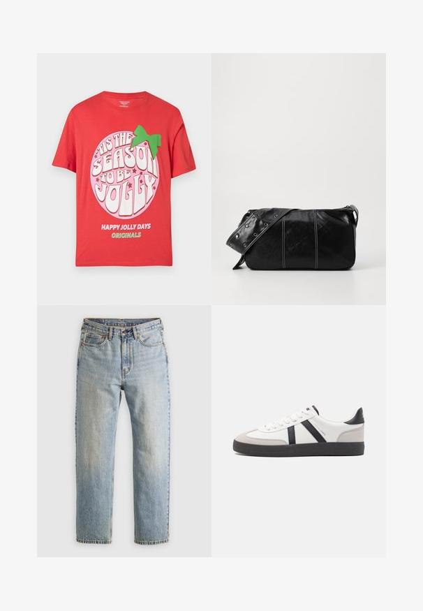 Raudona medvilninė marškinė su dideliu rožiniu apskritimu, ant kurio baltais ir žaliais rašmenimis parašyta: "Tai metas būti linksmiems", ir žalia juostelė kaip akcentas.; Šviesiai mėlynos džinsinės kelnės su aukštu liemeniu, priekyje mygtukas, užtrauktukas ir penkių kišenių dizainas, išklotos ant neutralios fono.; Balti sportbačiai su juodais ir pilkais akcentais, pasižymintys tekstūruotu pilku pirštų dangteliu, juoda gumine padais ir plokščiomis baltomis raišteliais. Švarus dizainas, minimalistinis stilius.; Juodas odinis pečių krepšys su užtrauktuku, turintis tekstūruotą paviršių, baltą siuvinėjimą ir dirželį su sidabinėmis metalinėmis detalėmis.