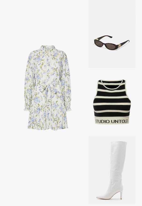 Zwart-wit gestreepte cropped top gemaakt van gestructureerde gebreide stof. Heeft een ronde halslijn en een merkteken met ribbels aan de onderkant met "STUDIO UNTOLD."; Bloemendress in het wit met blauwe en groene bloemen, voorzien van een kraag, knoopsluiting aan de voorkant, lange mouwen met elastische manchetten en een tailleband.; RAID TRIBUTE - Laarzen met hoge hak - white; Schildpadbril met langwerpige ovale lenzen, bruine tint, gouden logo-accenten op de pootjes en slanke zwarte armen.; Beige handtas met een patroon en een gebogen vorm, leren accenten en een goudkleurig logo aan de voorkant. Beschikt over een kort handvat voor gemakkelijk dragen.; Parel- en kristallen ketting met een ronde, gehaakte ontwerp in lichte tinten, met afwisselend parels en sprankelende accenten, gedragen om de hals.