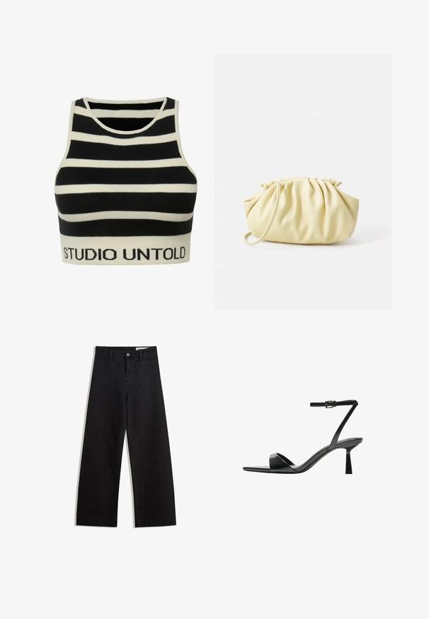 Top corto a righe bianche e nere realizzato in tessuto a maglia testurizzata. Presenta un collo rotondo e un orlo a coste con marchio "STUDIO UNTOLD."; Pantaloni in denim neri a gamba larga con vita alta, dotati di tasche anteriori e posteriori, cuciture a punto, e chiusura con bottone. Texture liscia.; Bershka Sandali con tacco - black; Borsa plissettata gialla in morbida pelle ecologica, con una forma morbida, una sola tracolla e un design superiore arricciato.