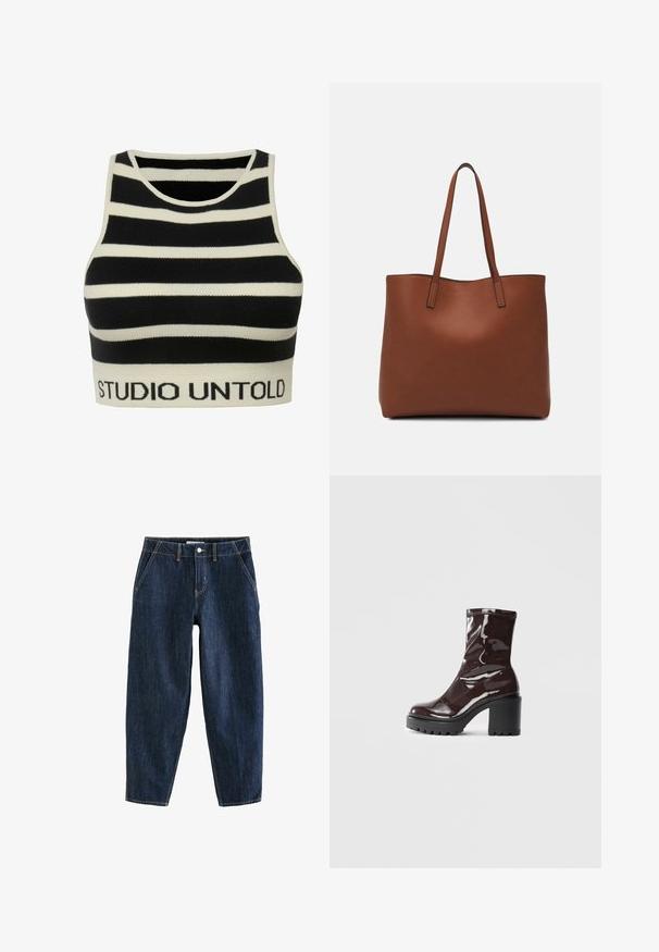 Svart och vit randig kort topp gjord av strukturerat stickat tyg. Har en rund halsringning och en märkesribbad nederkant med "STUDIO UNTOLD."; Mörkblå denimbyxor med lös passform, som har fem fickor, bältesöglor och kontrasterande gula sömmar. Rent, strukturerat tyg.; Glansig bordeauxfärgad ankelsko med en kraftig svart klack, som har en slät yta och enkel design. Inga synliga stängningar eller mönster.; Brun läder tote-väska med en slät textur, öppen toppdesign och två axelremmar. Har minimal söm och ingen synlig metalldetalj.