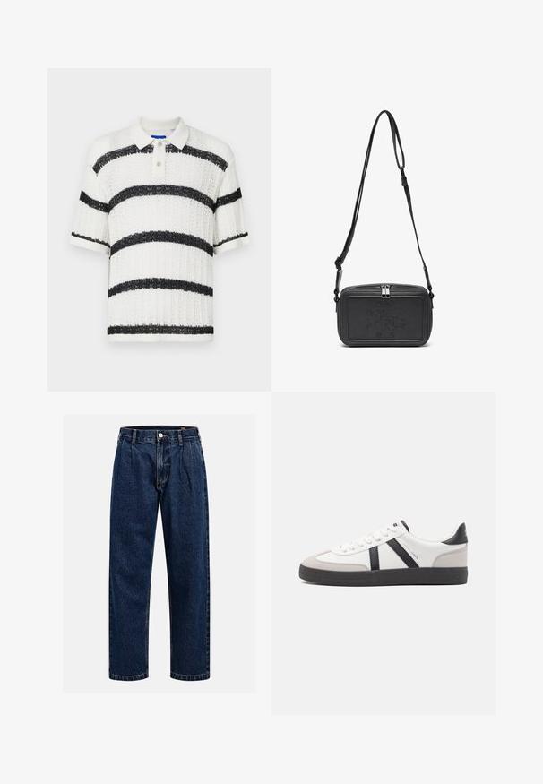 Fehér, rövid ujjú póló, textúrált anyagból, széles fekete vízszintes csíkokkal, három gombos gallérral, átlátszó gombokkal.; Sötétkék farmernadrág egyenes szabással. Jellemzői a látható varrás, gombos záródás és elülső redők a további részletekért.; Fehér sneaker fekete és szürke részletekkel, textúrált szürke orr résszel, fekete gumitalppal és lapos fehér fűzőkkel. Tiszta dizájn, minimalista stílus.; Fekete bőrből készült keresztbe hordható táska cipzáras záródással, dombornyomott logóval az elején és állítható pánttal. Simább textúrájú, téglalap alakú.