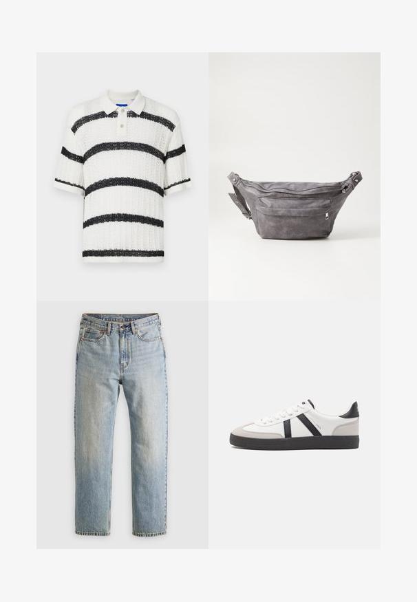 Witte polo met korte mouwen van textuurstof, met brede zwarte horizontale strepen en een kraag met drie knopen met doorzichtige knopen.; Lichtblauwe denim jeans met hoge taille, frontknop, rits en vijfzakkenontwerp, plat gelegd op een neutrale achtergrond.; Witte sneaker met zwarte en grijze accenten, voorzien van een grijze neus met textuur, zwarte rubberen zool en platte witte veters. Schoon ontwerp, minimalistische stijl.; Grijze suède heuptas met een ronde vorm, twee met rits afgesloten compartimenten en een verstelbare band. Voorzien van metalen accenten.