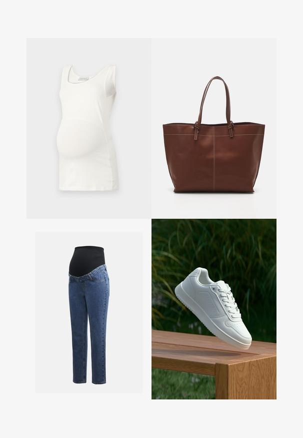 Valkoinen äitiysfarkut, joissa on pyöreä pääntie, hihaton muotoilu ja istuva leikkaus, joka korostaa pyöreää vatsamuotoa. Pehmeä kankaan tekstuuri.; Äitiysfarkut, joissa on siniset denimlahkeet ja musta joustava vatsapaneeli, joka on suunniteltu tukemaan ja peittämään kasvavaa vatsaa.; Valkoiset tennarit, joissa on sileä synteettinen päällinen, rei'itetty varvasosa, litteät nauhat ja teksturoitu pohja, esillä puupinnalla.; Ruskea nahkainen olkitasku, jossa on kaksinkertaiset kahvat, erottuva ommel ja tilava muotoilu, sopii jokapäiväiseen käyttöön.