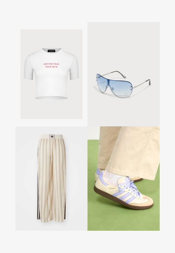 Pegador REYNA TEE - Marškinėliai su spaudiniu - white; Grietos spalvos plačios kelnės su zigzagų raštu, turinčios juodą logotipo juostą ir šonines juodas juosteles. Lengvas, tekstūruotas audinys.; Kreminės ir levandų spalvos sportbačiai su trims juostelėmis ir tekstūruota ruda padais, su raišteliais ir paminkštintu kulnu. Minkšta medžiaginė viršutinė dalis.; Aviatoriai akiniai su gradientiniais mėlynais objektyvais, sidabriniu metaliniu rėmu ir dekoratyvinėmis žvaigždžių akcentais ant objektyvų. Lygaus ir stilingo dizaino.