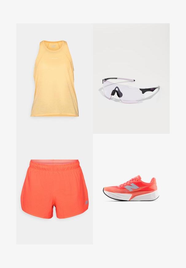Geltonas sportinis marškinėlis be rankovių, pagamintas iš kvėpuojančios medžiagos. Su apvaliu kaklu, be rankovių dizainu ir subtilia tekstūra. Mairys ženklas rodomas.; Vyriški bėgimo šortai ryškiai koralinės spalvos, pagaminti iš kvėpuojančios medžiagos su perforuota tekstūra. Turi elastingą juosmenį ir mėlyną logotipo akcentą.; Lengvas bėgimo batelis ryškiu koralų atspalviu, su tinkline viršutine dalimi ir sidabriniu logotipu. Išskirtinė tekstūruota balta pado dalis ir juodas guminis padas.; Sportiniai saulės akiniai, turintys tvirtą juodai rožinį dizainą, su be rėmelio forma ir skaidriais, šiek tiek tonuotais lęšiais. Įtraukti gumos akcentai.