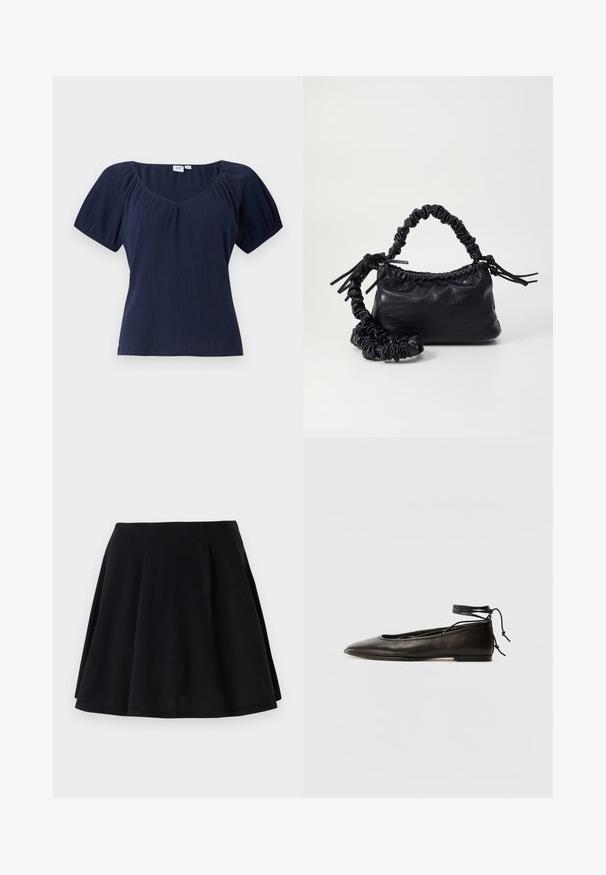 Mørkeblå kortærmet top med scoop halsudskæring, ribbet tekstur og sammensyninger på skuldrene for ekstra form og volumen.; Sort bomuldsnederdel med en svajende silhuet, der har læg ved taljeområdet og en glat tekstur. Velegnet til afslappet brug.; Sorte læder ballerinaer med spids tå, ankelbinding og flad sål, der har en glat tekstur og minimalistisk design.; Sort kunstlæder håndtaske med krokodilteksur, indsnøret top og en sammenkrøben rem. Ser blød og kompakt ud i designet.