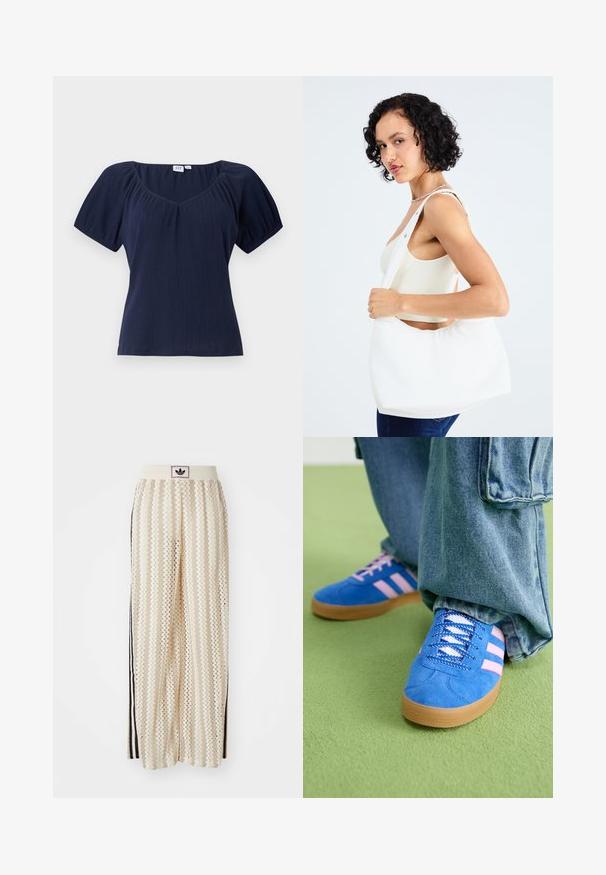 Top de manga corta azul marino con escote redondeado, textura acanalada y costuras de hombro fruncidas para aportar forma y volumen.; Pantalones de pierna ancha en color crema con un patrón en zigzag, que cuentan con una cinturilla con logo negro y franjas negras en los laterales. Tejido ligero y texturizado.; Zapatos de gamuza azul con rayas rosas y cordones blancos, con una suela de goma, combinados con pantalones denim holgados sobre una superficie verde.; Bolso blanco de hombro hecho de material suave, con un corte ovalado y un diseño de asa ancha. Sencillo y moderno, sin hardware visible.