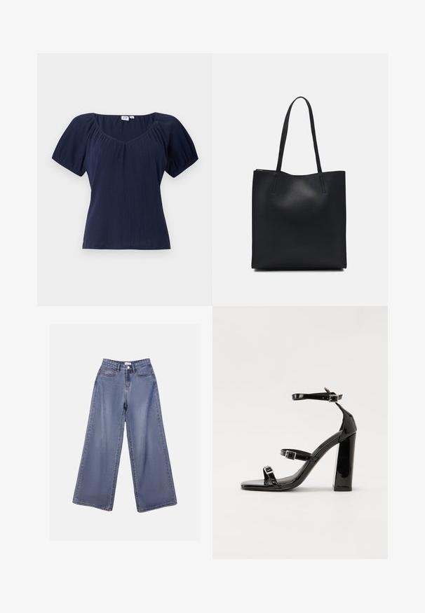 Mørkeblå kortærmet top med scoop halsudskæring, ribbet tekstur og sammensyninger på skuldrene for ekstra form og volumen.; Bredde denim jeans i en lys blå vask, med høj talje, forlommer og knaplukning med bæltestropper.; Sorte patenterede hælsandaler med firkantet tå, ankelremme og sølvspænder. Har en chunky blokHæl for stabilitet.; Sort læder tote taske med glat tekstur, rektangulær form og to lange hanke. Ingen synlig hardware eller udsmykninger.