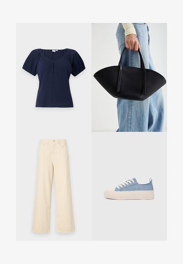 Navy blue short-sleeve top with a scoop neckline, ribbed texture, and gathered shoulder seams for added shape and volume.; Beige wide-leg jeans made of cotton. Features a button closure, belt loops, and front pockets with a smooth, soft texture.; Light blue canvas sneakers with a cream rubber toe cap and outsole, featuring white laces and a pull tab on the heel.; Black leather handbag with a unique fan shape, featuring flat handles. The surface has a pebbled texture and a minimalistic design.