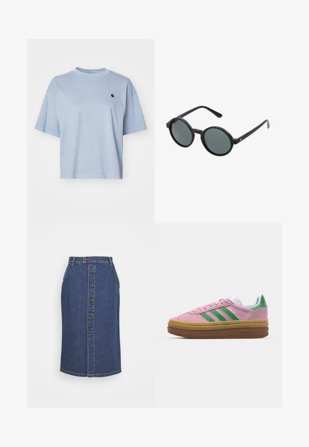 Carhartt WIP NELSON - Jednoduché tričko - dusty ice; Džínová tužková sukně v tmavě modré barvě, s předním zapínáním na knoflíky, s vertikálním švem a klasickým lemem.; Růžové semišové tenisky se zelenými pruhy, bílými akcenty a hnědou gumovou podrážkou. Mají strukturovanou tkaninu a detail s logem na boku.; Kulaté sluneční brýle s černým plastovým rámem a tmavě šedými skly. Mají tenké, rovné nohy s minimalistickými akcenty.