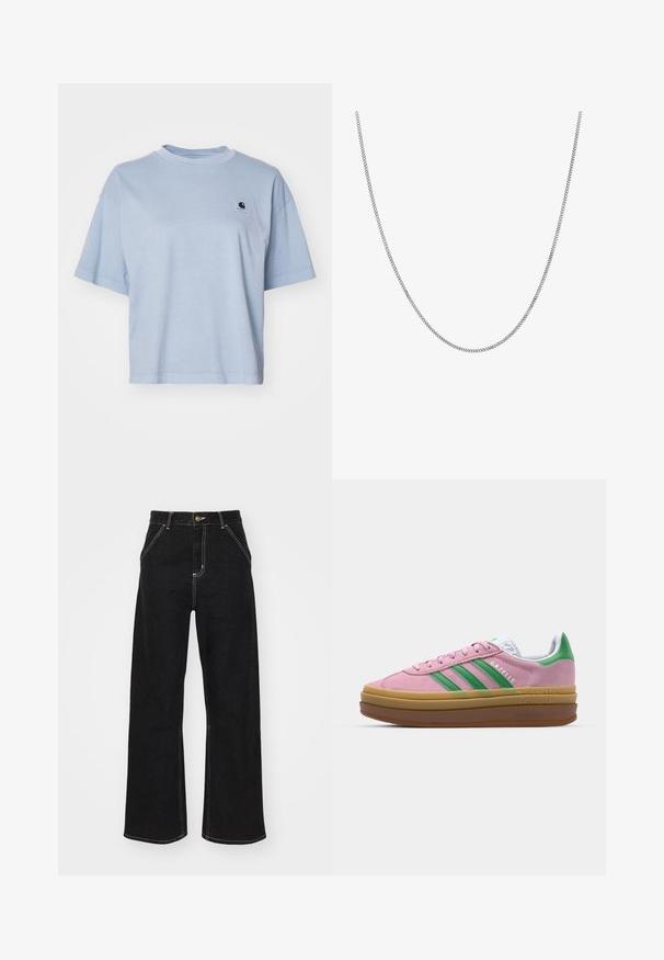 Carhartt WIP NELSON - Basic póló - dusty ice; Fekete, széles szárú farmernadrág, kontrasztos fehér varrással és elülső gombos záródással, két ferde elülső zsebbel.; Rózsaszín zamákból készült sportcipő zöld csíkokkal, fehér díszítéssel és barna gumi talppal. Texturált anyaggal és logóval ellátott részletekkel az oldalon.; Ez egy ezüst lánc nyaklánc, sima, kerek, lapos láncszemekkel. Csillogó felülettel rendelkezik és hozzávetőlegesen 20 hüvelyk hosszú.