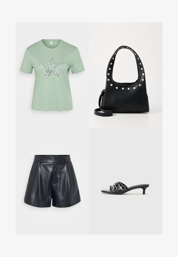 Mäta zelené tričko s krátkym rukávom, ktoré má vpredu veľký strieborný flitrový dizajn hviezdy. Vyrobené z ľahkej, mäkkej bavlny.; Čierne kožené šortky s hladkým povrchom, upravený dizajn, skladaný predok a pútka na opasok; obsahujú skrytú zipsovú kapsu na boku.; Čierne sandále na podpätku s viacerými lesklými popruhmi a metalickými akcentmi, s ťahavým špičkou a skromnými kitten podpätkami. Hladký povrch.; Čierna kožená kabelka s textúrou a striebornými cvokmi pozdĺž hornej hrany a na uchách, so krátkym uchom a odnímateľným popruhom.