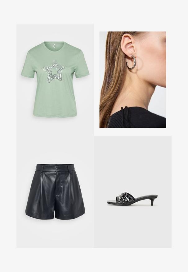 Camiseta de manga corta en verde menta con un gran diseño de estrella de lentejuelas plateadas en el frente. Fabricada en un tejido de algodón ligero y suave.; Pantalones cortos de cuero negro con una textura suave, diseño a medida, frente plisado y pasadores para cinturón; cuenta con un bolsillo con cremallera oculta en el lateral.; Sandalias negras de tacón con múltiples correas brillantes y acentos metálicos, con punta afilada y tacones de kitten modestos. Textura suave.; Pendiente de aro de plata con un acabado pulido, que presenta pequeños detalles en dorado y una forma redonda, llevado en el lóbulo.