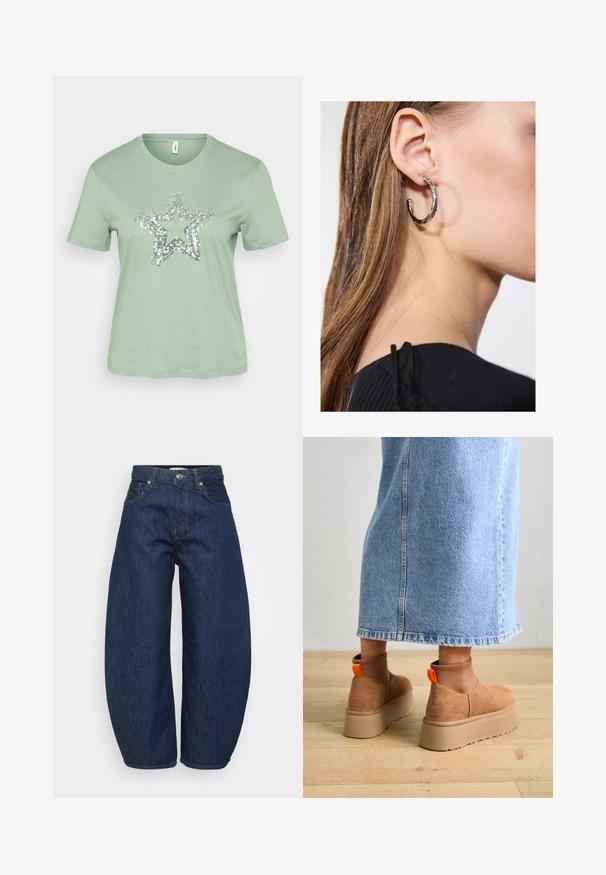 Mints zaļš īsām piedurknēm T-krekls ar lielu sudraba sekmju zvaigznes dizainu priekšpusē. Izgatavots no viegla, mīksta kokvilnas auduma.; Augstās jostas tumši zilas džinsa bikses ar plašām kājām, ar priekšējo pogu un rāvējslēdzēja aizdari, kā arī klasisko piecu kabatu dizainu.; Brūni zamšādas platforma zābaki ar elastīgiem sānu paneļiem un oranžām cilpām, apvienoti ar līdz ceļgaliem garu gaišā denima svārku uz koka grīdas.; Sudraba auskars ar pulētu apdari, ar maziem zelta akcentiem un apaļu formu, uz ausu ļipiņas.