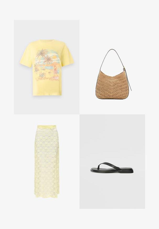 Žlté bavlnené tričko s tropickou plážovou scénou, na ktorej sú palmy, západ slnka a ilustrácia hula tanečnice. Nápis "Billabong" v písmovom písme.; Žltá čipková maxi sukňa s vlnitým vzorom, s hladkým pásom a jemnou, priesvitnou textúrou. Navrhnutá pre vzdušný siluet.; Čierne šľapky vyrobené z hladkej kože, s tenkým pásikom a plochou podrážkou s minimalistickým profilom. Bez výrazných vzorov alebo akcentov.; Tkaná slamenná ramenná taška s zakriveným tvarom, vybavená tmavou koženou rukoväťou a textúrovaným povrchom s vzorom v tvare chevron.