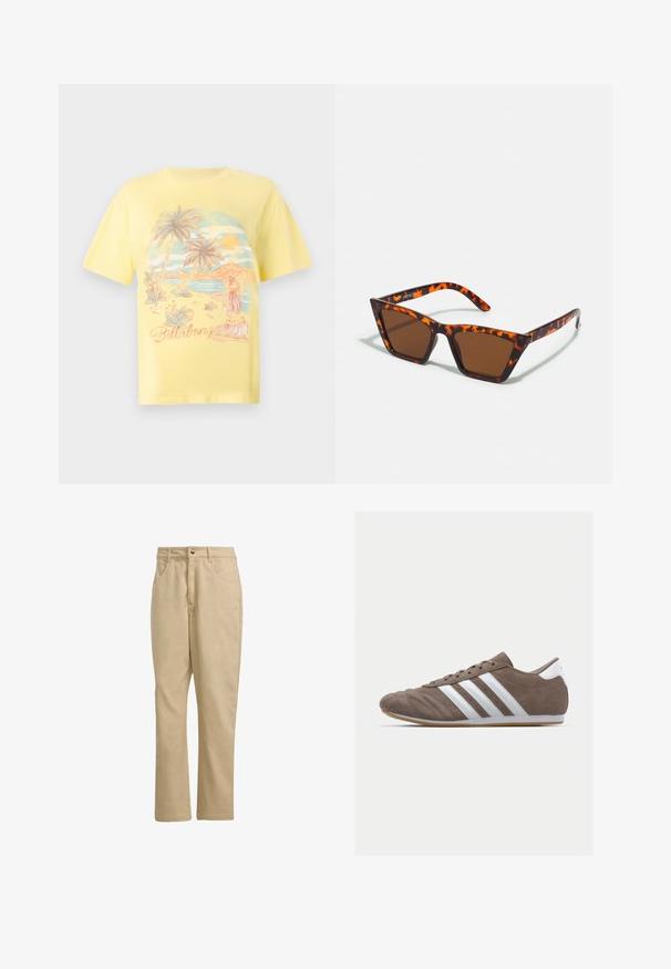 Gelbes Baumwoll-T-Shirt mit einer tropischen Strand-Szene, die Palmen, einen Sonnenuntergang und eine Hula-Tänzerin zeigt. "Billabong" in geschwungener Schrift.; Khakifarbene Baumwollhosen mit geradem Schnitt, ausgestattet mit einem vorderen Knopfverschluss, zwei Seitentaschen und minimaler Markenkennzeichnung auf der Vorderseite.; Braune Wildleder-Sportschuhe mit weißen Streifen, runder Zehenform, Schnürdesign und Gummisohle. Strukturiertes Obermaterial mit Nahtdetails.; Braungetönte Sonnenbrille mit Schildpattmuster, eckigem Rahmen und schlanken Bügeln. Hergestellt aus leichtem Kunststoffmaterial.