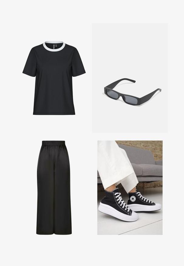 Melnā T-krekls ar baltu ribotu apkakli, īsām piedurknēm un brīvu piegriezumu; izgatavots no gludas auduma bez redzamām rakstainām vai detaļām.; Melni plaši bikses, izgatavotas no gludas, spīdīgas auduma, ar elastīgu jostu un bez redzamām kabatām vai aparatūras detaļām.; Melni kanvas augstpapēžu apavi ar baltām gumijas zolēm un auklām. Ievērojams aplis logotips sānos un kontrastējoša balta šuvums.; Melni taisnstūrveida saulesbrilles ar tumšiem stikliem un bieziem matētiem rāmiem. Rāmju kājas ir nedaudz sašaurinātas ar gludu tekstūru.