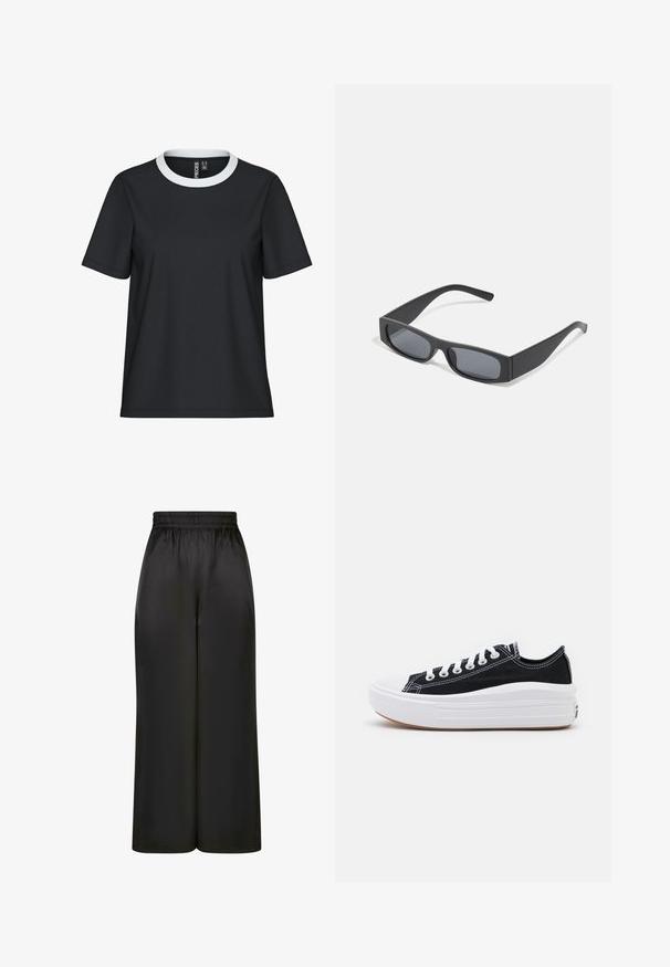 Fekete póló fehér bordázott kerek nyakkivágással, rövid ujjakkal és laza szabással; sima anyagból készült, látható minták vagy részletek nélkül.; Fekete, bő szárú nadrág, sima, fényes anyagból, rugalmas derékrésszel, látható zsebek vagy fém részletek nélkül.; Fekete vászon sportcipők fehér fűzővel, fehér gumi orral és vastag fehér középtalppal. Finom fehér varrással és gumi talppal rendelkezik.; Fekete téglalap alakú napszemüveg sötét lencsékkel és vastag, matt kerettel. A szárak enyhén elkeskenyednek, sima felületűek.