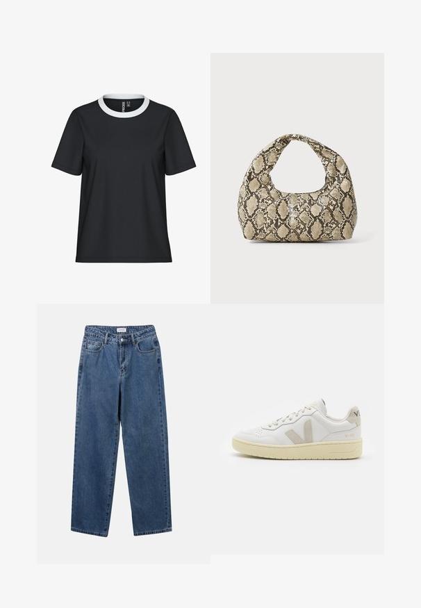 Musta t-paita, jossa on valkoinen röyhelö kaula-aukossa, lyhyet hihat ja rento istuvuus; valmistettu sileästä kankaasta ilman näkyviä kuvioita tai yksityiskohtia.; Classiset siniset farkut suoran lahkeen muotoilulla, viidellä taskulla ja napillakaan. Ominaisuudet: keskivahva pesu ja kestävä rakenne.; Valkoiset nahkakengät, joissa on vaaleanruskeat pigmenttisuojat, rei'itetty kärki, litteät nauhat ja teksturoitu kermaisa pohja. Takana on huomaamaton brändäys.; Käärmeennahkakuosiset käsilaukku, jossa on kaareva kahva. Tehty teksturoiduista beigeistä ja ruskeista materiaaleista, joissa on erottuva timanttikuvio.