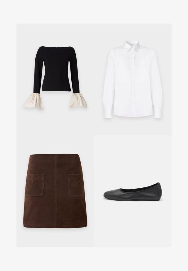 Black top with long sleeves and cream-colored, gathered bell cuffs. Features a boat neckline and a zipper closure at the back.; White long-sleeve shirt made of smooth fabric, featuring a collared neckline and a button front with light pink buttons.; Brown suede skirt featuring a classic A-line shape, two front pockets with rounded flaps, and subtle stitching details.; Black leather ballet flat with a rounded toe, smooth texture, minimal stitching detail, and a flexible sole design.