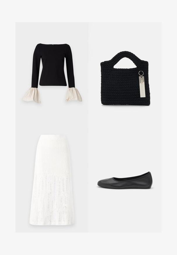 Must jälgitud must ülevalt pika varrukaga ja kreemitooni kokkukirbuga kellakujuliste varrukateotega. Omab paadikaela ja seljal on tõmblukk.; Kootud valge midi seelik, millel on tekstuurine muster vertikaalsete joonte ja lõike-detailidega hemmi lähedal. Elastne vöökoht. Pehme materjal.; Musthave mustika tantsutossud mustast nahast, ümmarguse varbaga, siledast tekstuurist, minimaalse õmblusdetailiga ja paindliku tallakujundusega.; Won Hundred MARSIELLE COMPUTER BAG UNISEX - Sülearvutikott - black